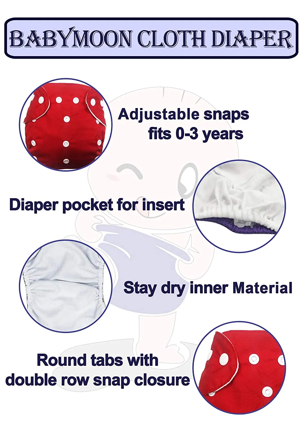 Babymoon 1 Cloth Diaper with 5Layers Grey Insert Premium Adjustable Reusable Cloth Diaper (Foodie)
