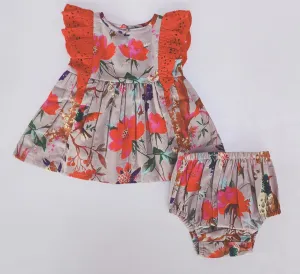 Bird Print Flutter Sleeves Dress and Bloomers