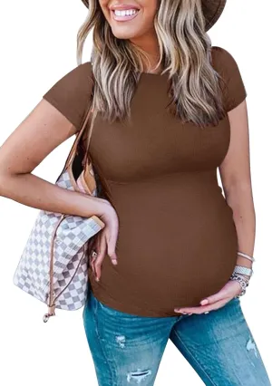 Peauty Maternity Ribbed T-Shirts with Crew Neck and Short Sleeves Shirts, Before During After Pregnancy Clothes