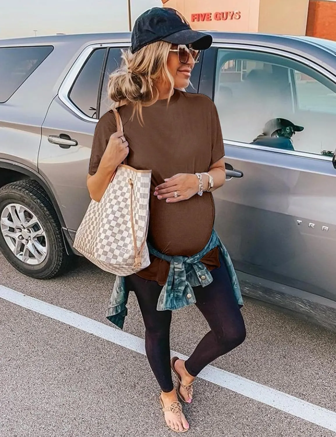 Peauty Maternity Ribbed T-Shirts with Crew Neck and Short Sleeves Shirts, Before During After Pregnancy Clothes