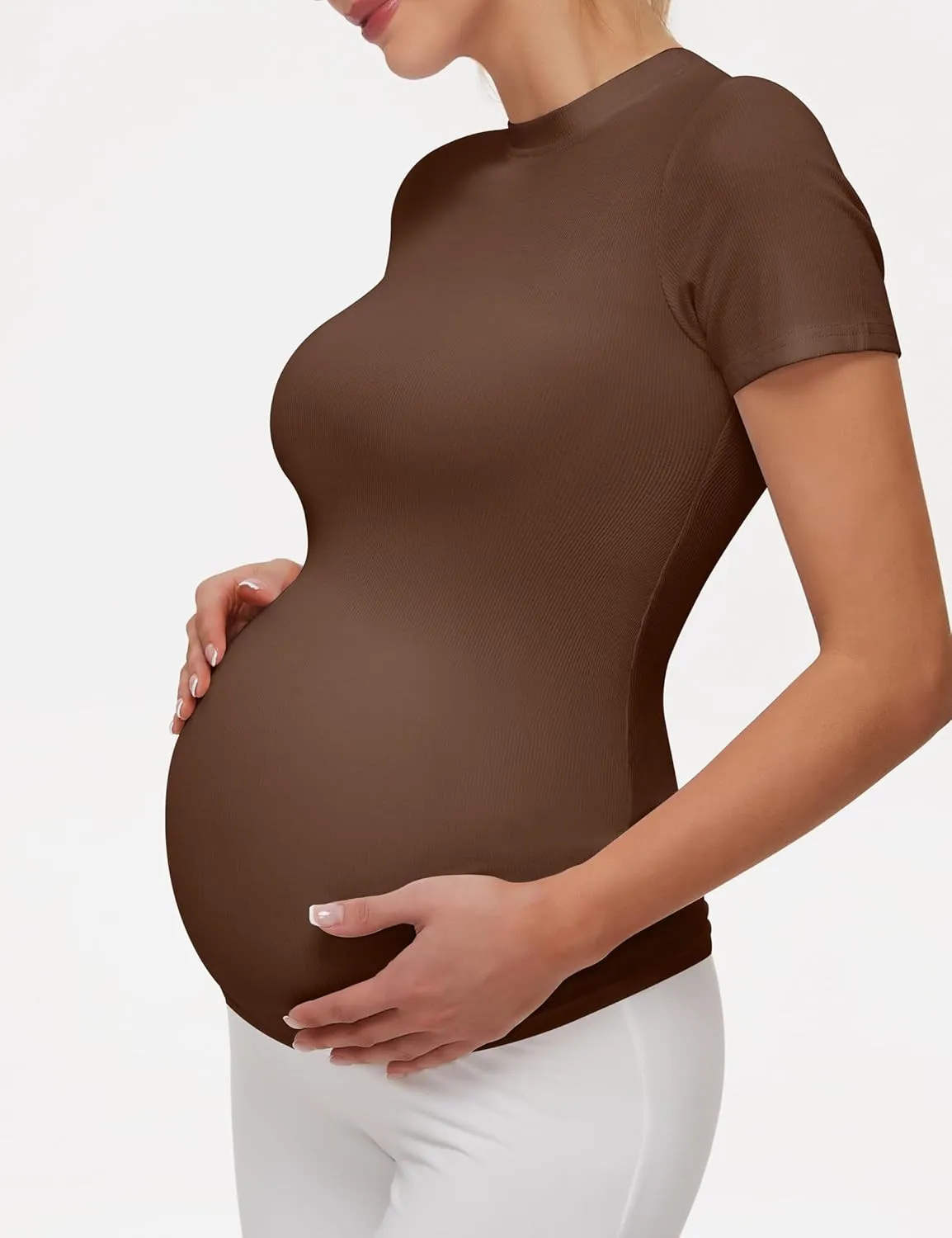 Peauty Maternity Ribbed T-Shirts with Crew Neck and Short Sleeves Shirts, Before During After Pregnancy Clothes