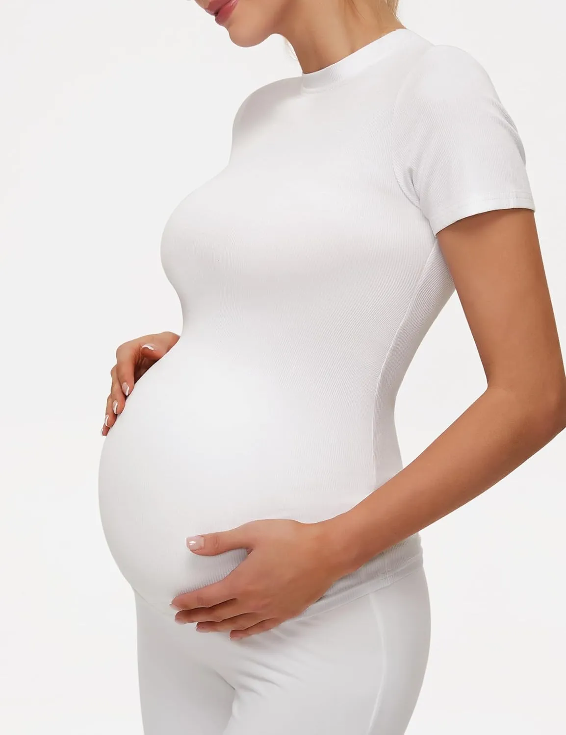 Peauty Maternity Ribbed T-Shirts with Crew Neck and Short Sleeves Shirts, Before During After Pregnancy Clothes