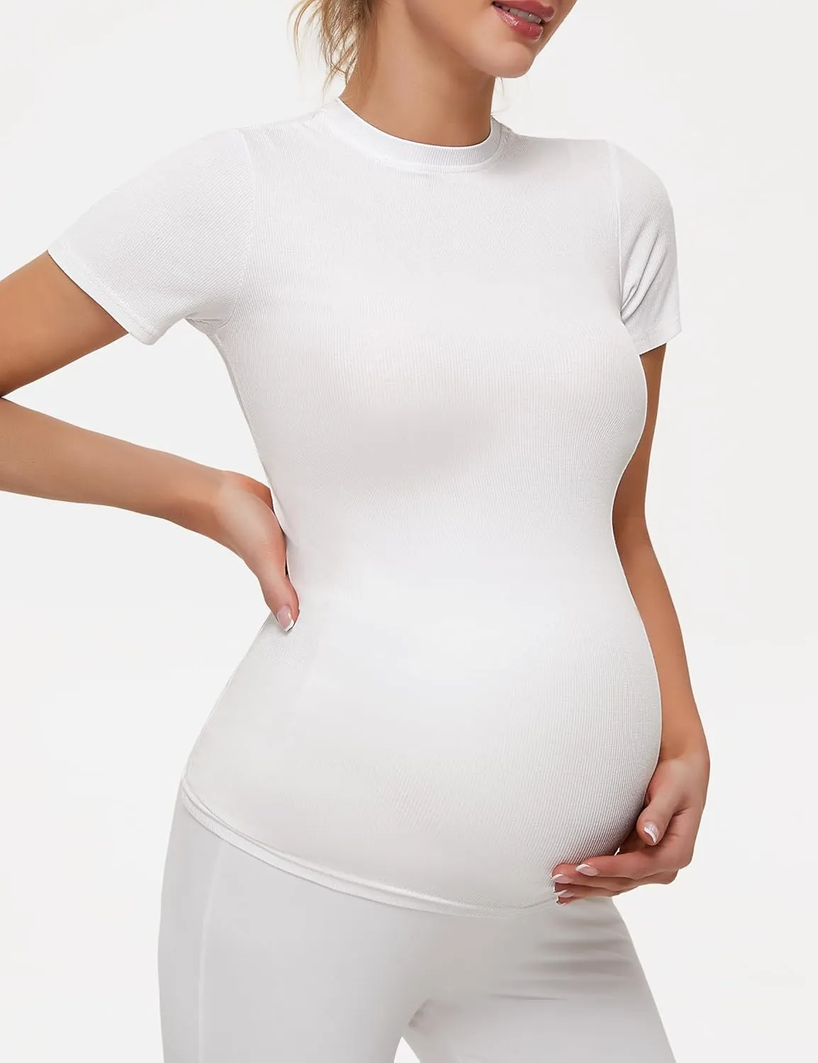 Peauty Maternity Ribbed T-Shirts with Crew Neck and Short Sleeves Shirts, Before During After Pregnancy Clothes