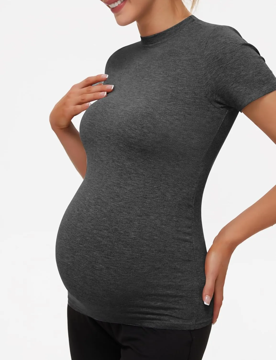 Peauty Maternity Ribbed T-Shirts with Crew Neck and Short Sleeves Shirts, Before During After Pregnancy Clothes