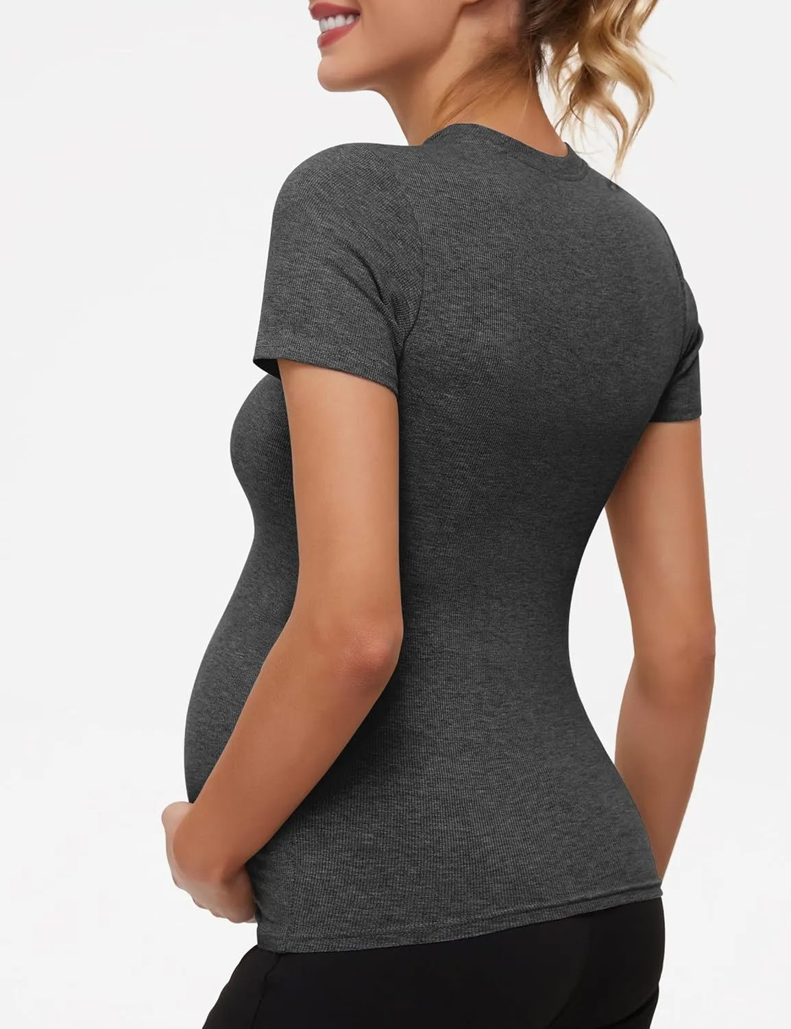 Peauty Maternity Ribbed T-Shirts with Crew Neck and Short Sleeves Shirts, Before During After Pregnancy Clothes