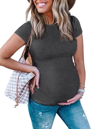Peauty Maternity Ribbed T-Shirts with Crew Neck and Short Sleeves Shirts, Before During After Pregnancy Clothes