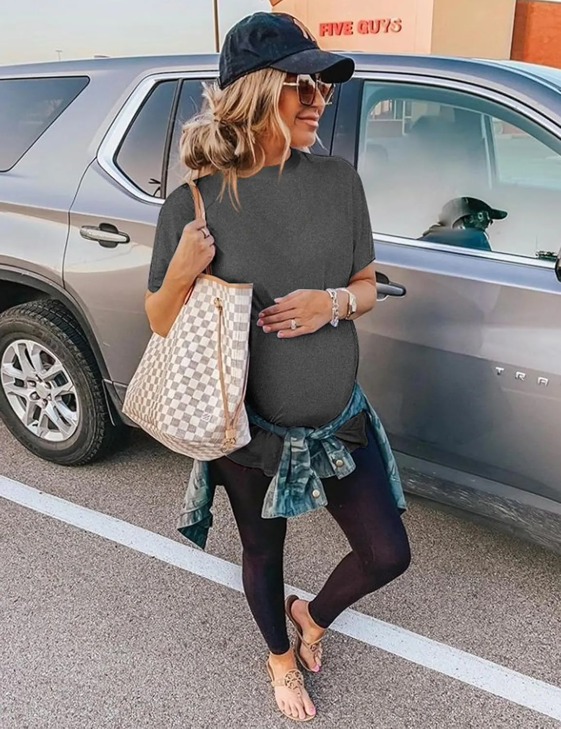 Peauty Maternity Ribbed T-Shirts with Crew Neck and Short Sleeves Shirts, Before During After Pregnancy Clothes