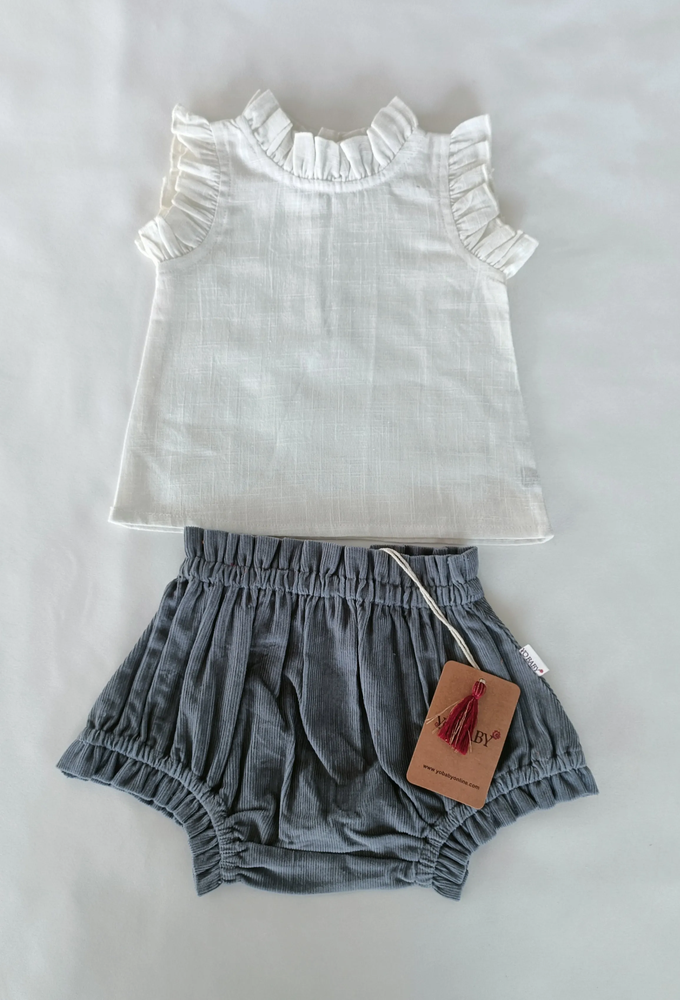 White Ruffle Top & Short-Style Corduroy Diaper Cover 5pcs Set