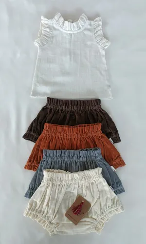 White Ruffle Top & Short-Style Corduroy Diaper Cover 5pcs Set
