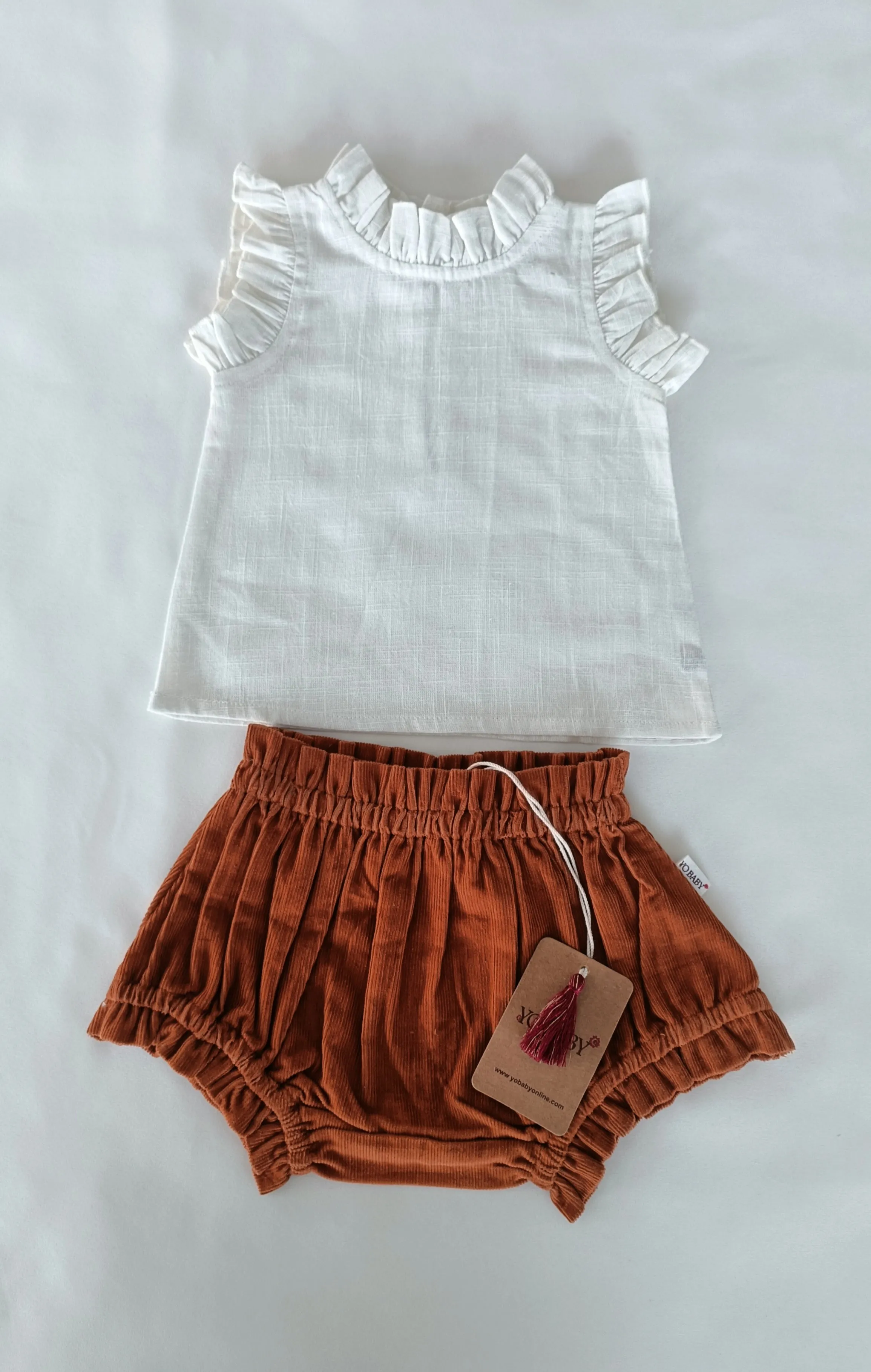 White Ruffle Top & Short-Style Corduroy Diaper Cover 5pcs Set