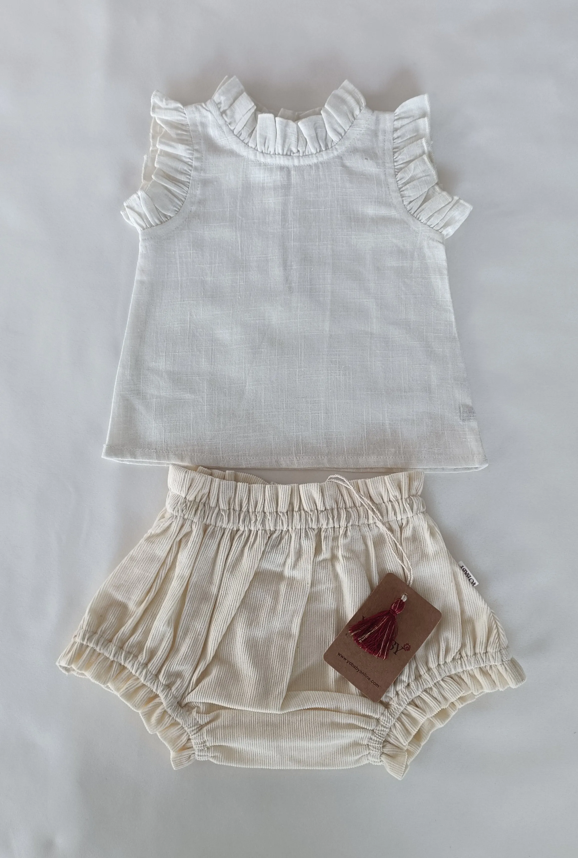 White Ruffle Top & Short-Style Corduroy Diaper Cover 5pcs Set