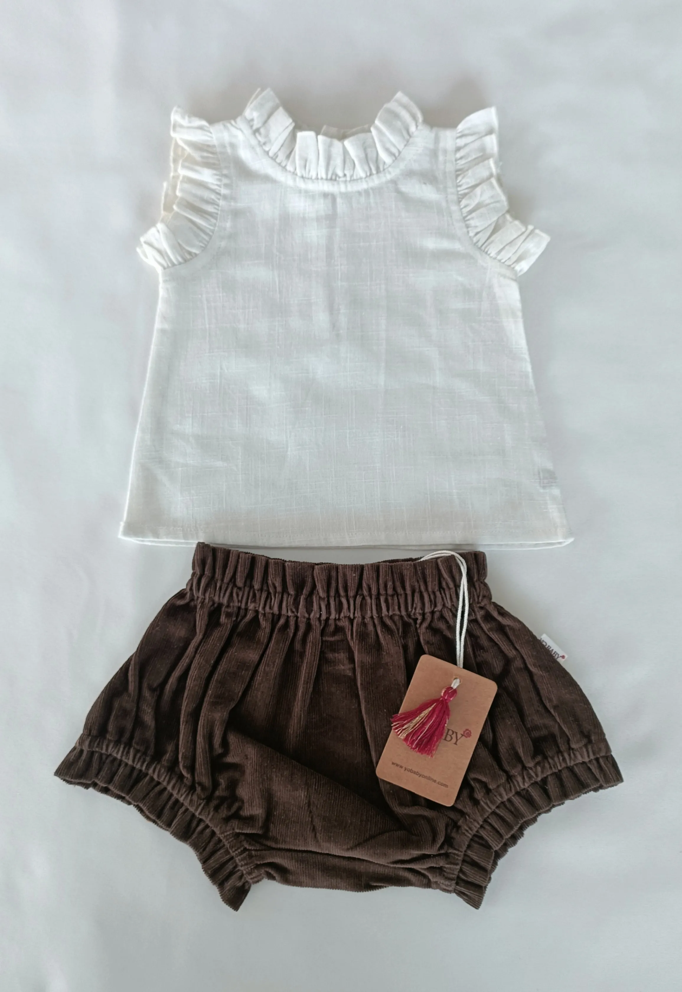 White Ruffle Top & Short-Style Corduroy Diaper Cover 5pcs Set