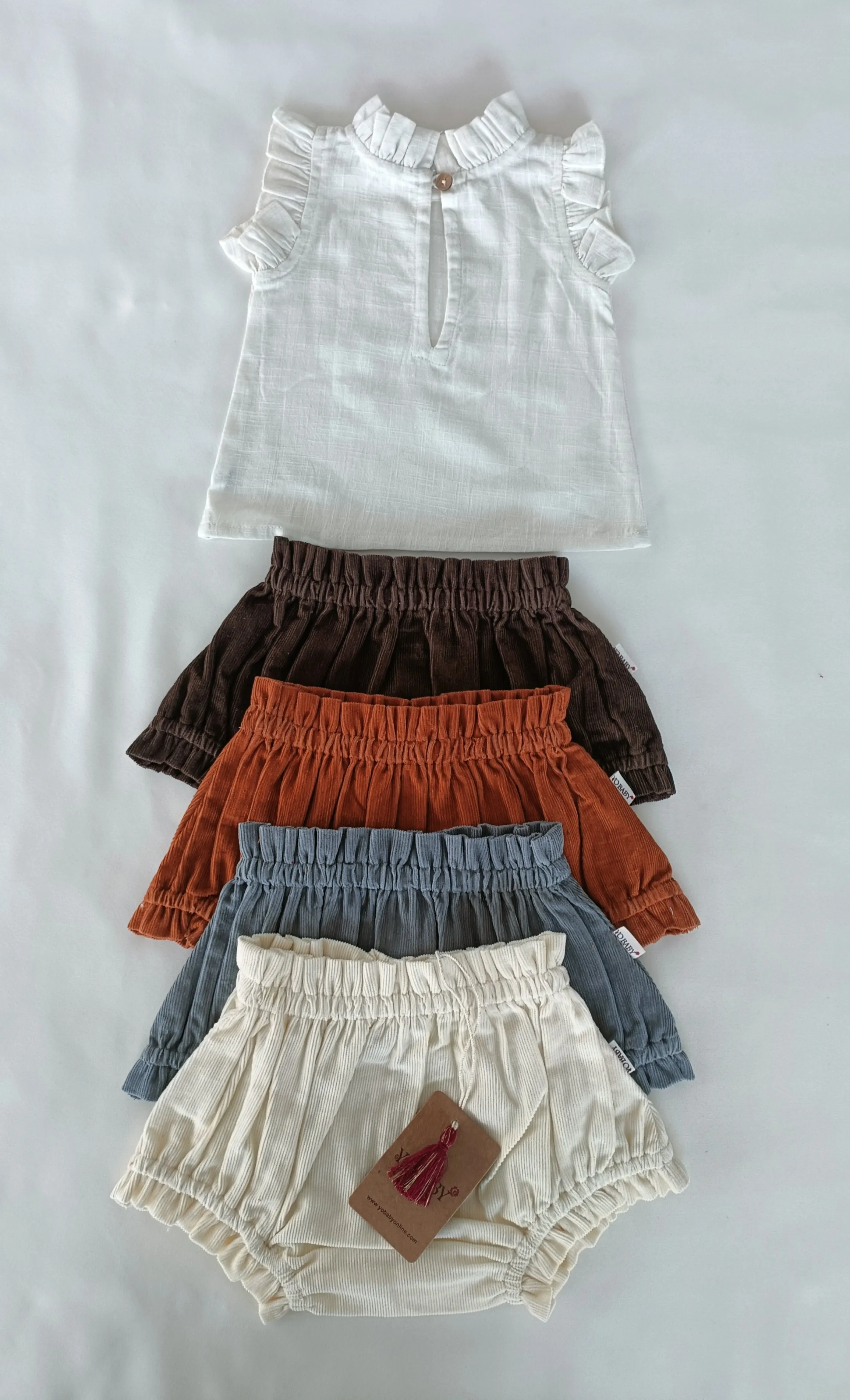 White Ruffle Top & Short-Style Corduroy Diaper Cover 5pcs Set